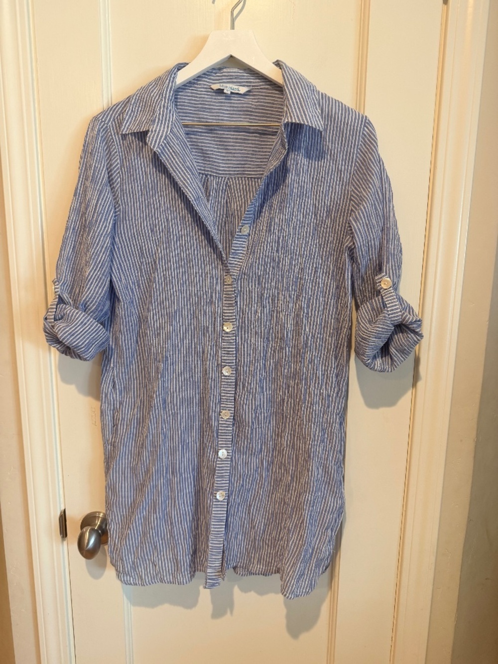 Blue Island Cotton Coverup with Mother of Pearl Buttons and Roll Sleeves - Small